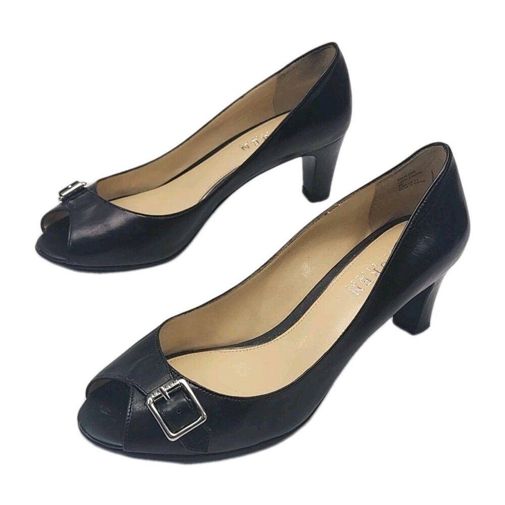 Ralph Lauren Shoe Black Leather Peep Toe Buckle Pump 2.5" Heel Women Sz 8